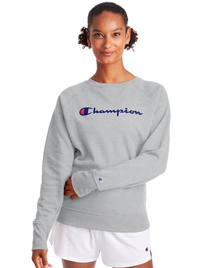 Champion Powerblend Fleece Classic Crew Script Logo Sweatshirt Dames - Grijs - Belgie 0952HYPZX